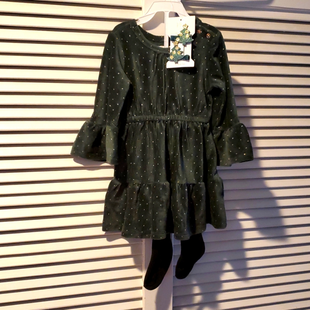 NWT Rachel Zoe Soft Green Corduroy Long-Sleeve Dress with Gold Dots, Size 18 Mos